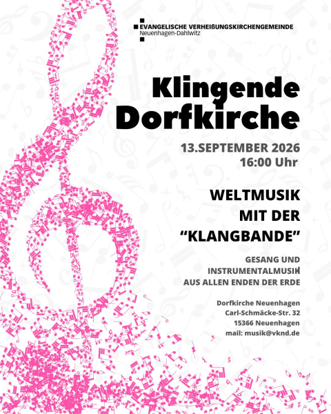 Klingende Dorfkirche am 13. September 2026 um 16 Uhr in der Kirche in Neuenhagen-Nord