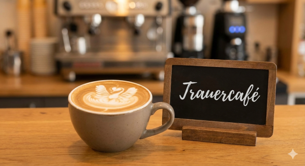 Kaffeetasse und Schild Trauercafé